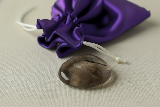 Smoky quartz crystal on a beige surface with a purple satin bag in the background