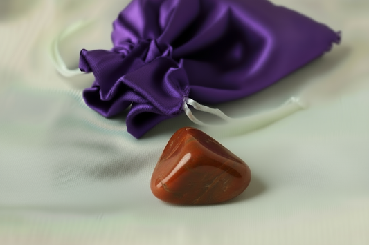 Brown stone on a light background with a purple drawstring bag.