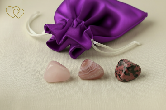 Three stones on a beige surface with a purple fabric pouch in the background.