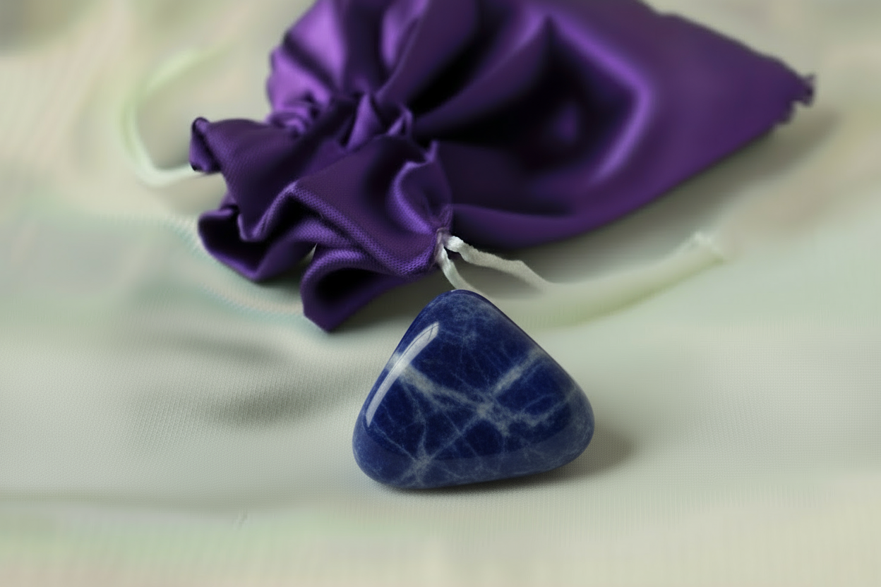 Blue stone pendant on a white background with a purple drawstring bag.