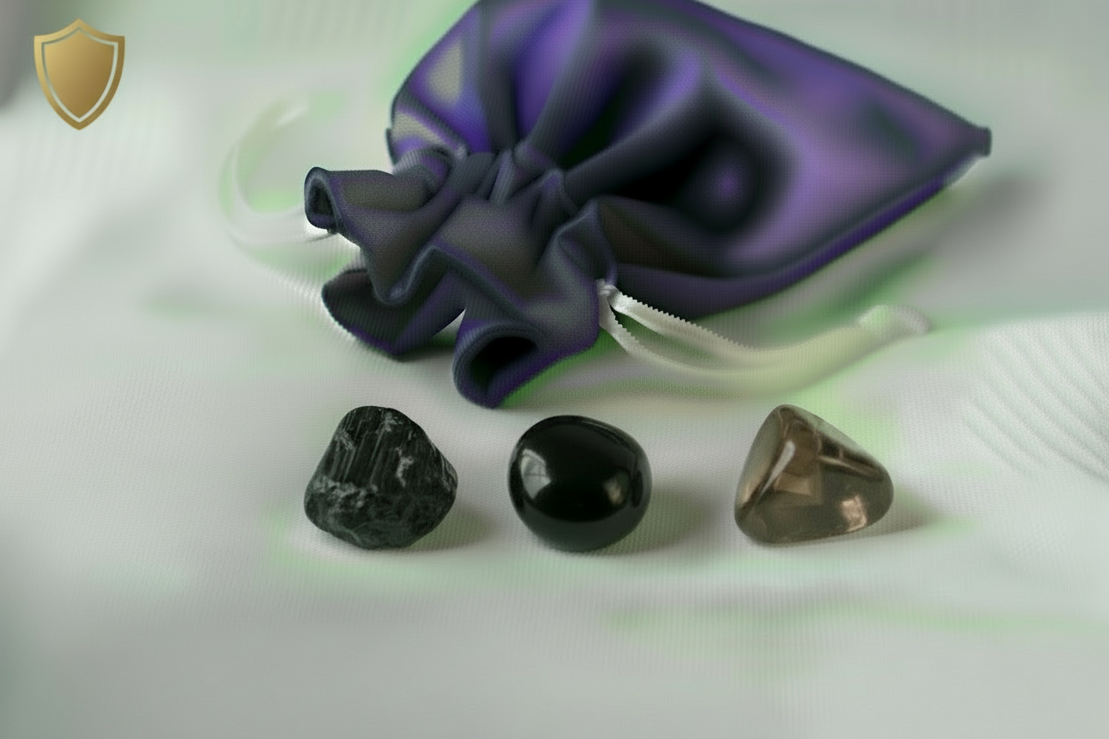 Three dark stones on a white surface with a purple fabric bag in the background.