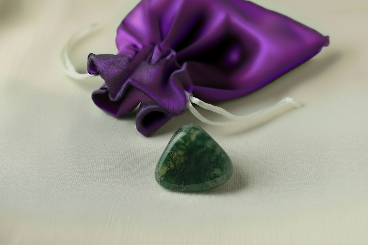 Green stone pendant on a white string with a purple satin bag in the background