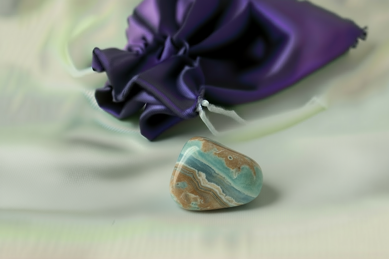 Decorative stone with a string on a purple fabric background