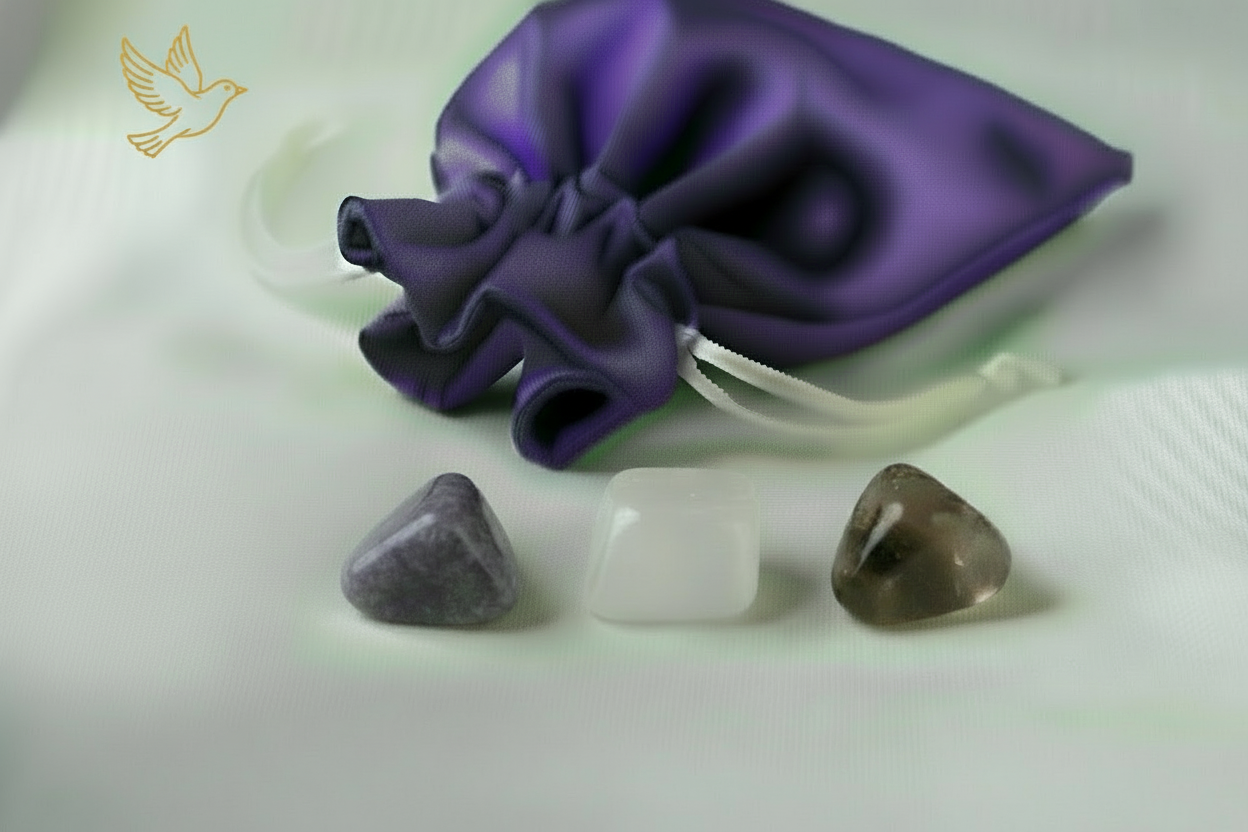 Purple satin drawstring bag with three stones on a light background