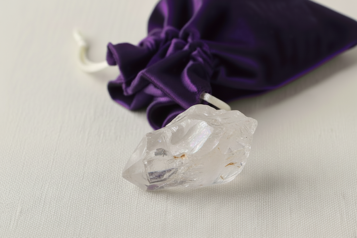 Clear crystal on a light gray surface with a purple drawstring bag in the background