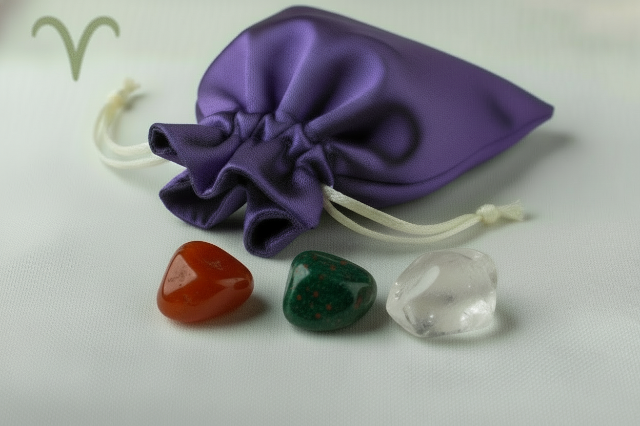 Purple drawstring bag with three colorful stones on a white background