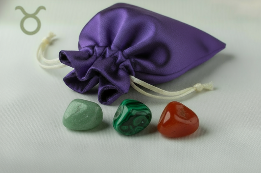 Purple drawstring bag with three colored stones on a light gray background
