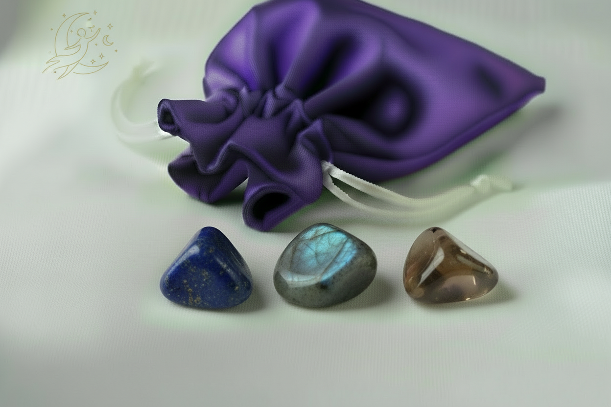 Three gemstones on a white surface with a purple fabric pouch in the background.