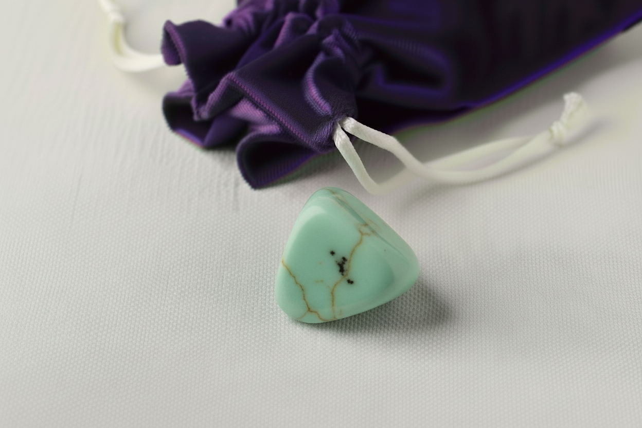 Turquoise stone with gold vein on a white background