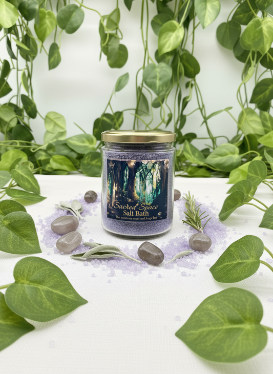 Salt bath product with decorative stones and rosemary on a white surface with green leaves in the background