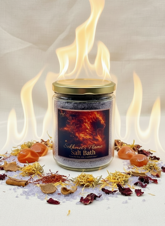 Salt bath product with flames and herbs on a white background