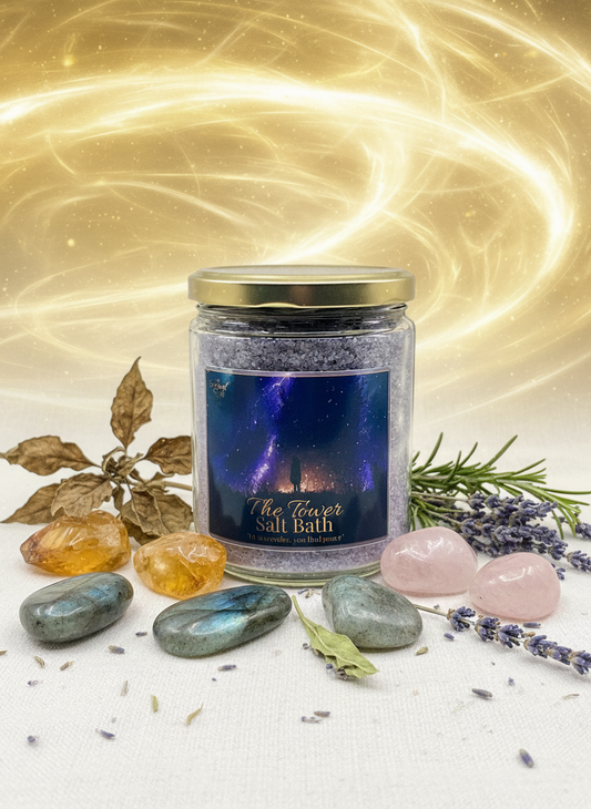 Jar labeled 'The Tower Salt Bath' with crystals and lavender on a glowing gold background